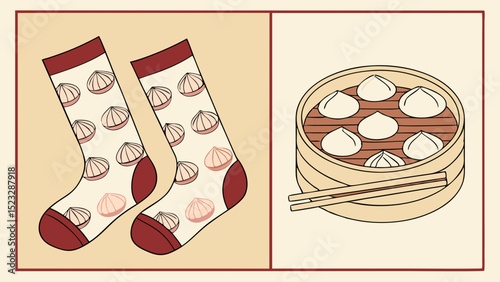 Dumplingthemed socks and a bamboo steamer basket with dumplings illustration