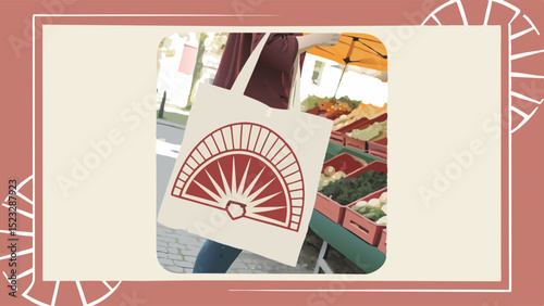 Illustration of a Market Scene with a Decorative Fan Design
