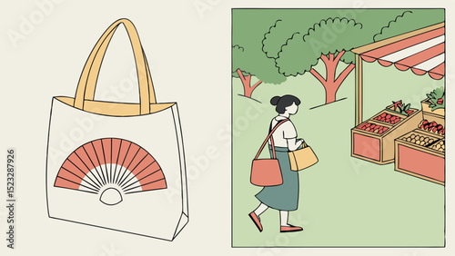 Tote Bag Design with Fan Motif and Woman at Farmers Market