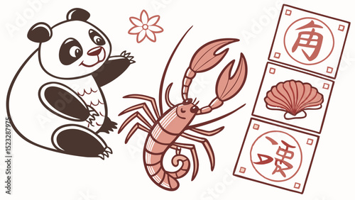 Cartoon Panda Lobster Flower and Mahjong Tiles Illustration