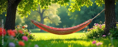 Relaxing summer scene at a home, featuring a hammock strung between trees, lush green grass, and vibrant flowers Perfect for summer vibes, vacation, and home themes , happy, sunshine, summer