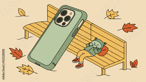 Giant Phone Case Leaning on Park Bench with Cartoon Character