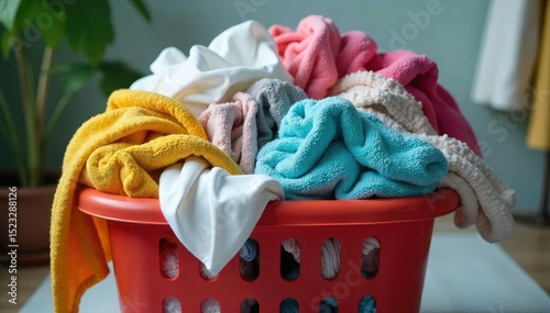 Overwhelmed laundry basket overflowing with wrinkled clothes, socks, and towels A messy pile of unwashed garments representing household chores and domestic life , untidy, colorful