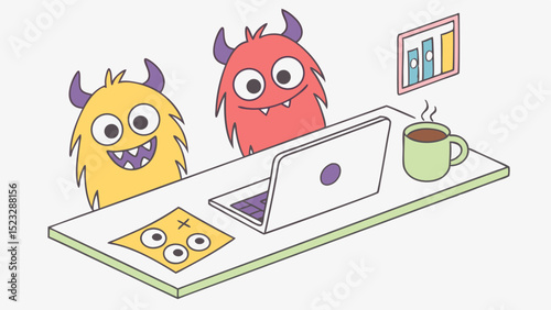 Cute Monsters Working at a Desk