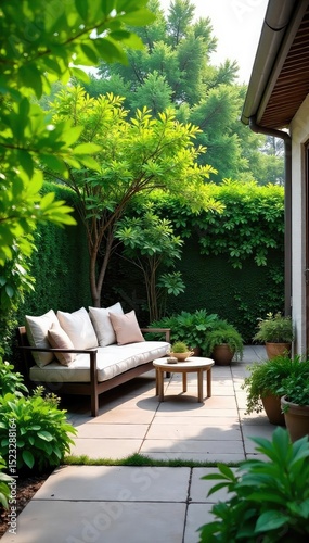 Serene garden patio scene with lush greenery, inviting furniture, and natural stone paving Perfect for relaxation and outdoor entertaining , deck, chairs, outdoor