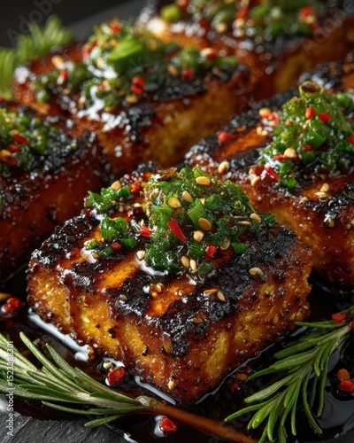 Delicious grilled tofu is served with a vibrant green herb sauce and a sprinkling of sesame seeds, creating a flavorful and visually appealing vegan dish.