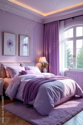 Serene lavender bedroom interior with soft lighting, plush textiles, and elegant decor Perfect for relaxation and a calming atmosphere , vintage, soft