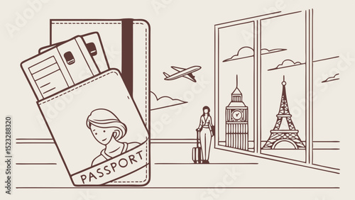 Travel Illustration Featuring Passport Traveler Airplane and Big Ben