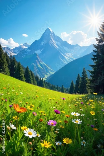 Serene mountain meadow bathed in sunlight, wildflowers in bloom, lush green grass, clear blue sky Perfect for nature, travel, and landscape projects , rural, pasture, blossom
