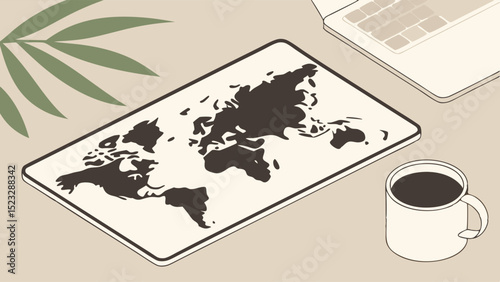 Isometric World Map Laptop Coffee Cup and Leafy Branch Illustration
