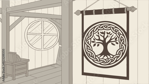Interior scene with a Celtic Tree of Life banner and window