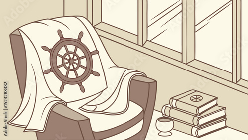 Nauticalthemed armchair with ships wheel blanket and books
