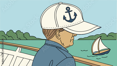Person in a Sailors Cap Viewing a Sailboat on the Water