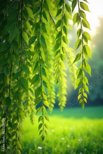 Graceful willow branches draped with delicate, new spring leaves, sunlight filtering through the foliage A vibrant scene of springtime renewal and natural beauty , botany, leaf, garden