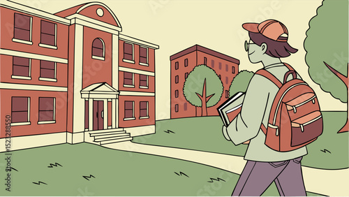 Student Walking on College Campus with Backpack and Books