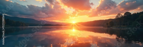 Serene sunrise over a tranquil lake, reflecting the peaceful beauty of creation Perfect for religious themes, Easter, or inspirational projects , religious, mercy