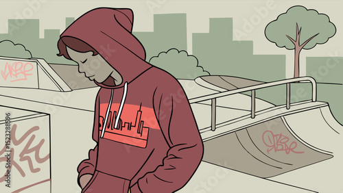 Young Person in a Hoodie at a Skate Park Contemplative Pose