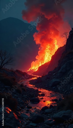 Intriguing, shadowy image of a fiery, smoldering landscape Heat shimmers in the air, secrets hidden in the glowing embers A mysterious, captivating scene of intense heat , desolate, embers