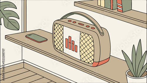 Retro Portable Speaker on Shelf with Smartphone and Plant