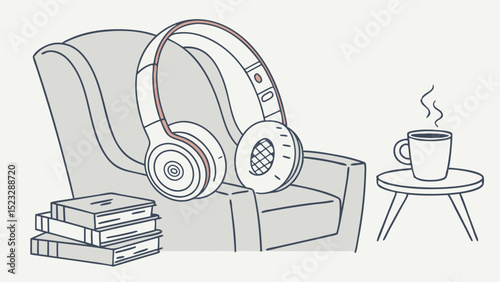 Relaxing Scene Featuring Headphones Books and Coffee Cup