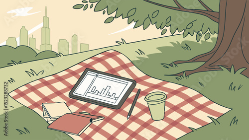 Picnic with Tablet Coffee and Books in a Park with City View