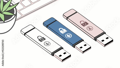Three Secure USB Flash Drives with Lock Icons