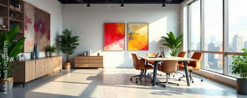 Sleek modern office interior, featuring abstract art, stylish furniture, and natural light streaming through large windows, creating a vibrant and productive workspace , property, lighting