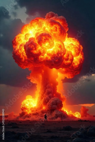Spectacular fiery explosion, intense heat and light, expanding fireball, dramatic smoke plumes, destructive power, fiery devastation , flames, fiery, yellow