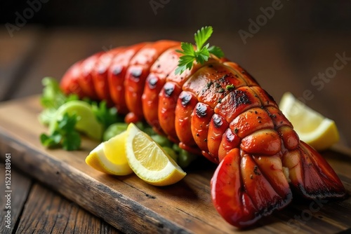 Succulent grilled lobster tail, served with drawn butter and lemon wedges, on a rustic wooden board A classic seafood feast, perfectly presented , lemon, appetizing, elegant
