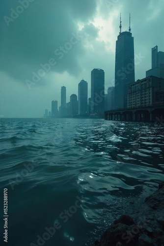 Submerged city skyline, buildings half-hidden beneath a vast, murky floodwater Apocalyptic scene of rising sea levels and environmental disaster Gloomy, dramatic lighting , climate change, deluge