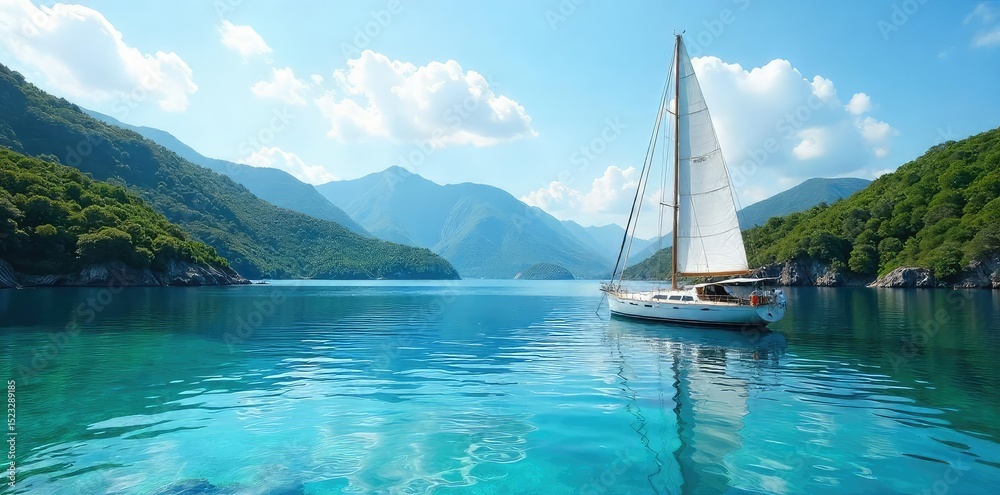 Obraz premium Tranquil scene of a sailboat gently rocking at anchor in a calm bay, surrounded by clear blue water and lush green hills , buoy, ecosystem, marine