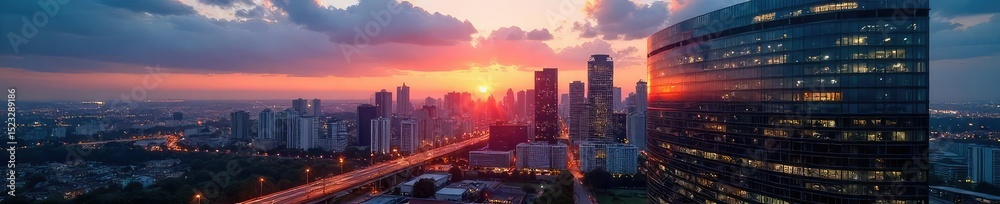 Fototapeta premium Modern glass and steel commercial building reflecting the city skyline at sunset Sleek architecture, urban landscape, business district, nighttime scene , window, steel structure, construction