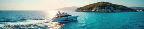 Sun-drenched yacht glides across the azure Mediterranean, turquoise waters sparkling, luxurious ambiance Island vista in the distance , turquoise, Mediterranean coast, ocean