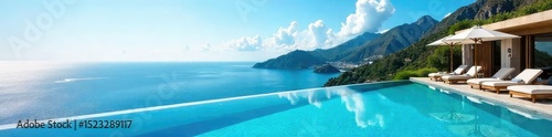 Luxury hotel with stunning blue-sky views from its rooftop infinity pool, offering breathtaking panoramic vistas and unparalleled relaxation Enjoy the ultimate getaway , dream, poolside, blue