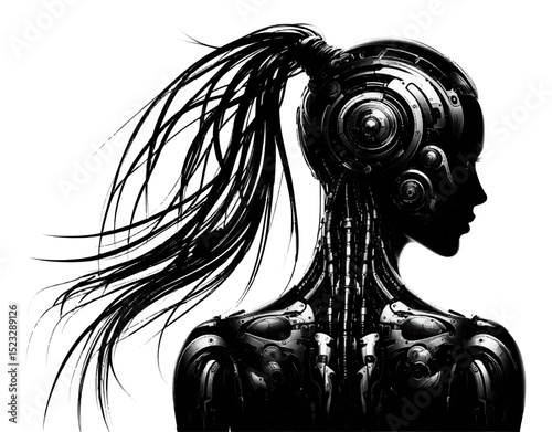 A black and white silhouette of a cyborg girl with long hair on a white isolated background. Vector graphics. EPS.
