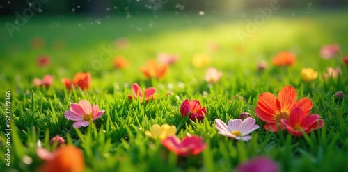 Vibrant, fallen flower petals scattered on lush green grass after a spring rain shower Perfect for nature, spring, and floral themes , summer, wallpaper, petals