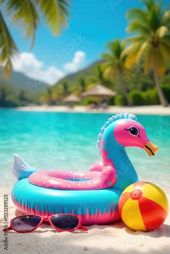 Vibrant summer scene featuring a colorful inflatable pump, beach balls, and sunglasses, ready for fun in the sun Perfect for summer vacation, beach, pool, and outdoor themes , happy, beach
