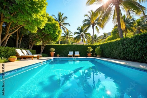 Relaxing summer scene of a sparkling blue swimming pool, surrounded by lush greenery and bright sunshine Perfect for summer vacation, travel, and relaxation themes , sunshine, trees