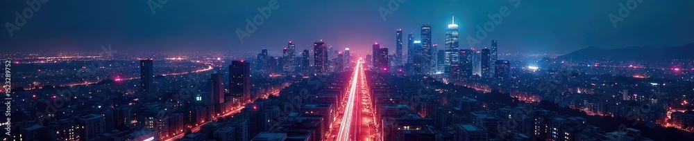 Obraz premium Futuristic cityscape at night, glowing network lines connecting buildings, illustrating seamless digital connectivity and innovative technological advancement , background, development