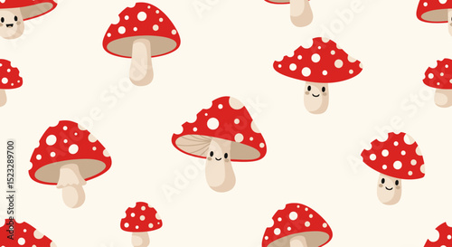 Whimsical Mushroom Pattern: Cute Toadstools on Cream Background