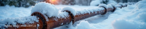 Frozen pipes bursting under a layer of snow and ice during a harsh winter storm Repair work needed, potential flooding, home damage, water leak , building, winter woes