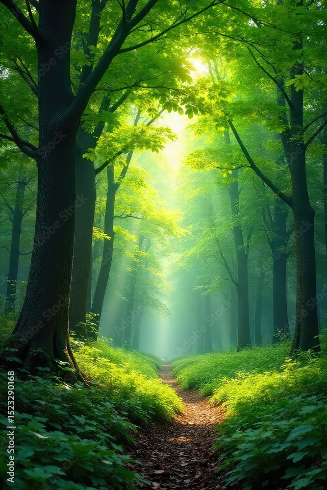 Fototapeta premium Lush green forest canopy, dappled sunlight filtering through leaves, vibrant undergrowth Tranquil nature scene, perfect for environmental or nature-themed projects , greenery, deep green