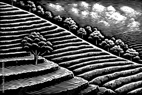 A black and white sketch vector of a rice terrace on a hillside background