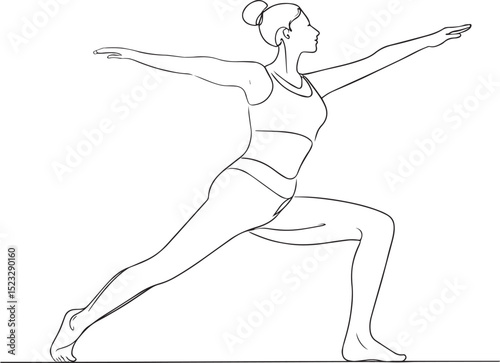 Elegant and Minimalist Line Art Illustration of a Woman Gracefully Performing an Aesthetic Warrior Yoga Pose, Capturing the Essence of Balance, Inner Peace, Mindfulness, and the Fluidity