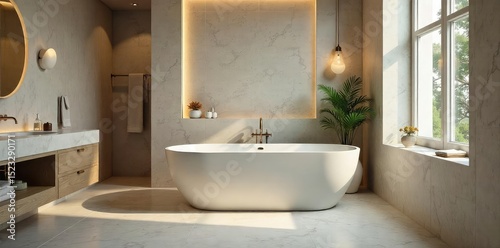 Luxurious bathtub interior with elegant tile, modern fixtures, and soft lighting creates a spa-like atmosphere perfect for relaxation and rejuvenation , bathroom decor, tile