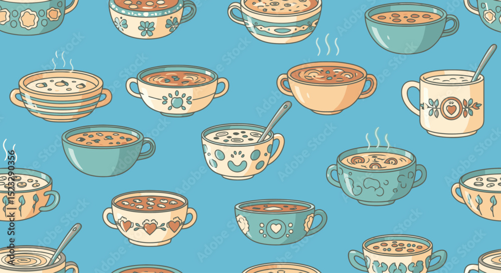 Fototapeta premium Soup Bowls Seamless Pattern: Colorful, Cozy, and Culinary