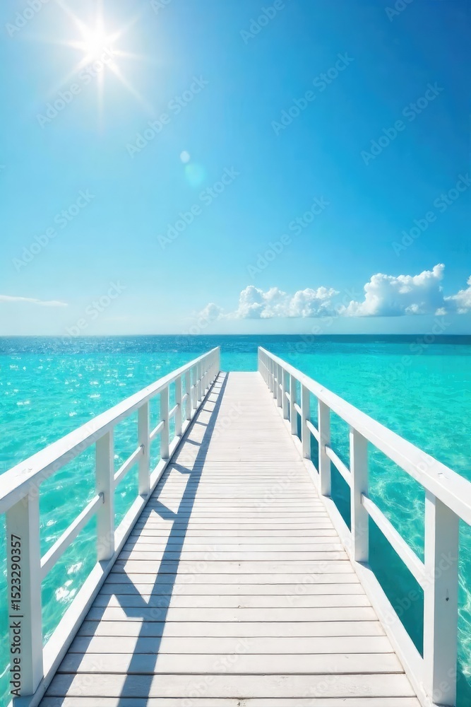 Fototapeta premium Sun-drenched white pier extending into calm turquoise water, perfect for summer vacation imagery Ideal for travel, coastal, and relaxation themes , boardwalk, ocean, sky