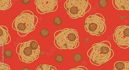 Spaghetti and Meatballs Seamless Pattern on Red
