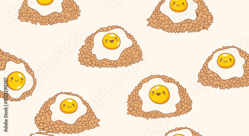 Whimsical Fried Egg and Rice Cartoon Pattern Background