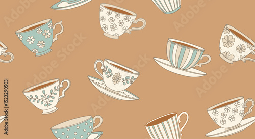 Whimsical Tea Cups: Seamless Pattern on Brown